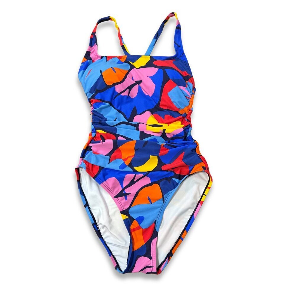 Nautica Floral Cross Back One Piece Swimsuit Square Neck Multicolor Size M